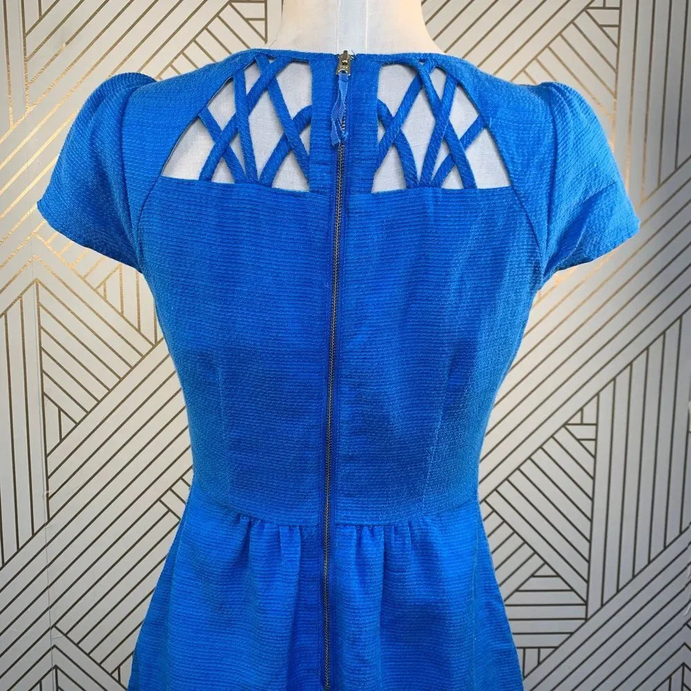 Anthropologie Maeve Aria Dress Fit & Flare Short Sleeve Cut Out Neck Blue Size 0 - Picture 8 of 10